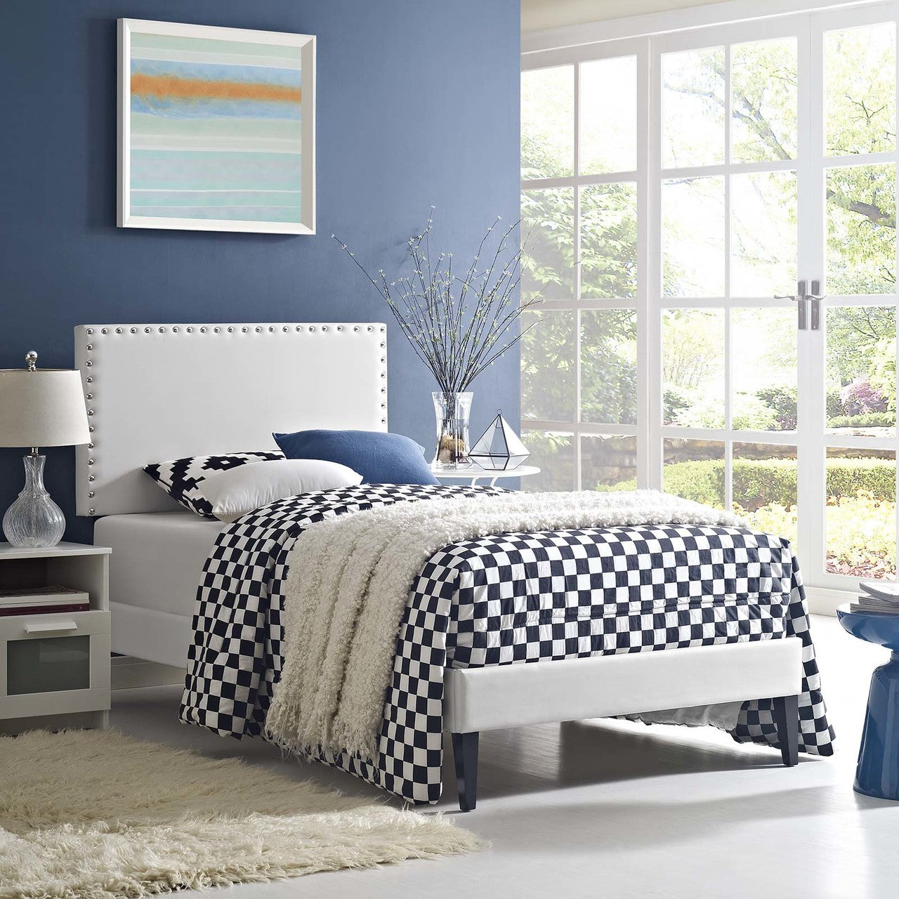 Macie Twin Vinyl Platform Bed with Squared Tapered Legs, Twin Size, Faux Vinyl Leather, White, 14663