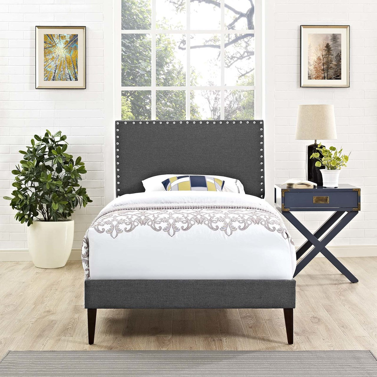 Macie Twin Fabric Platform Bed with Squared Tapered Legs, Twin Size, Fabric, Grey Gray, 14666