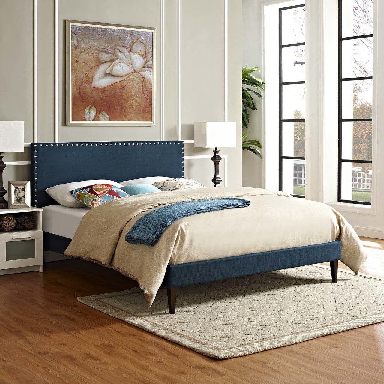 Macie Full Fabric Platform Bed with Squared Tapered Legs, Full Size, Fabric, Navy Blue, 14669