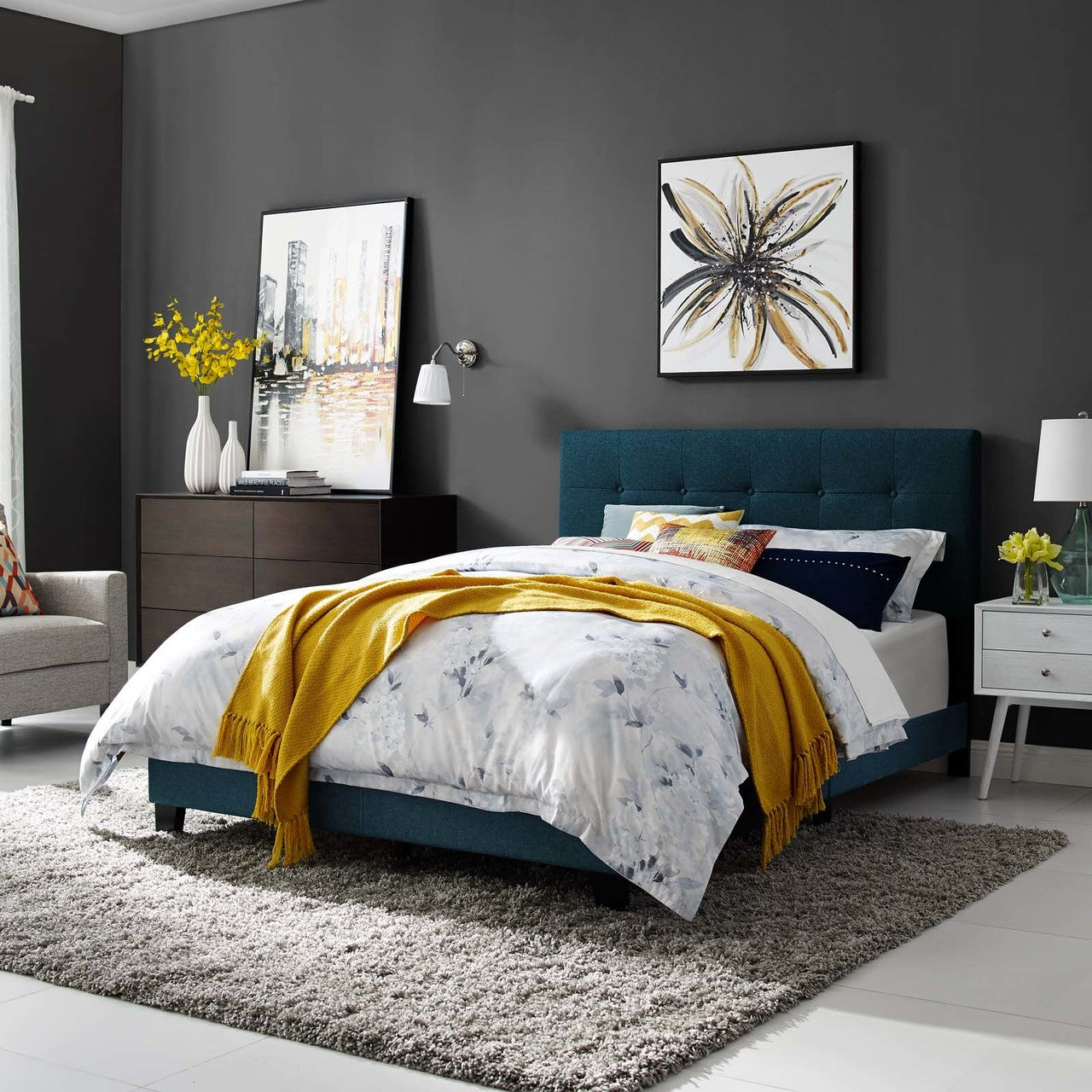 Amira Full Upholstered Fabric Bed, Full Size, Fabric, Navy Blue, 15513