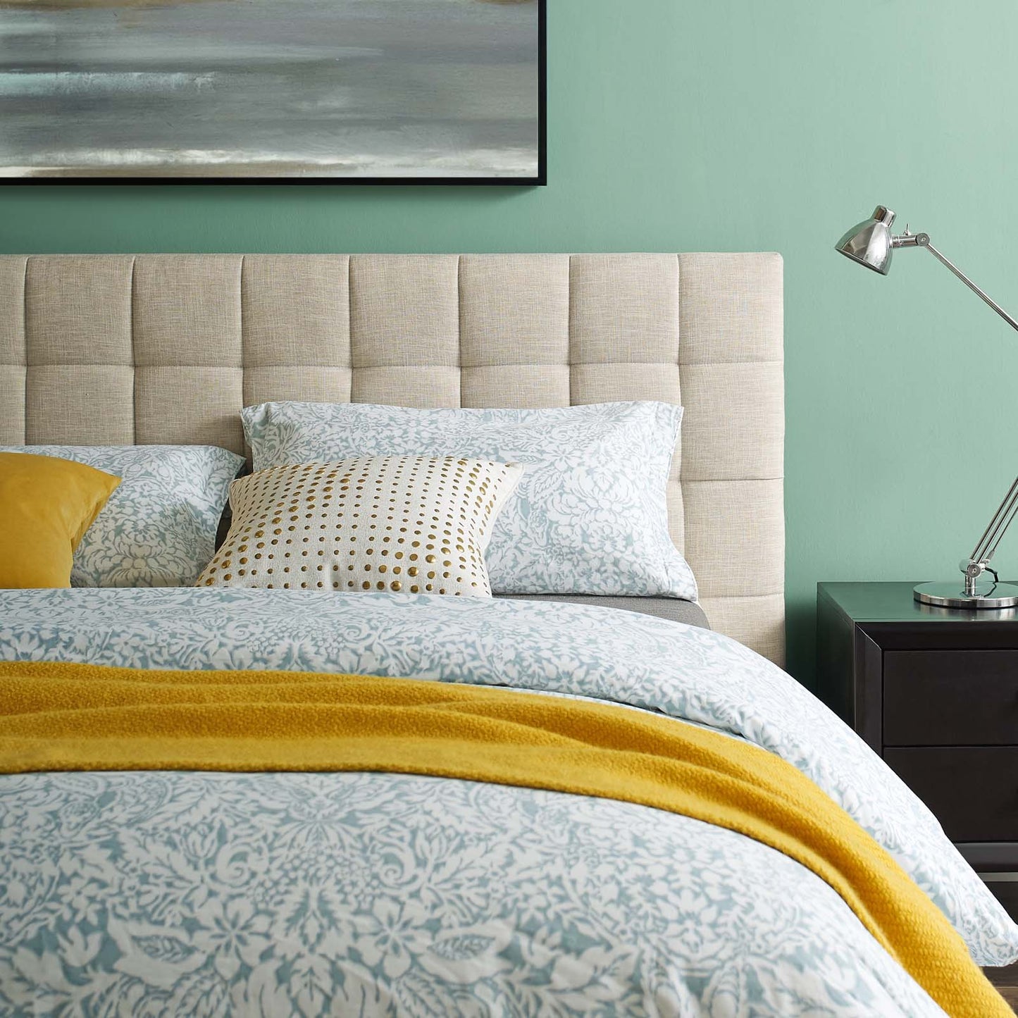 Julia Queen Biscuit Tufted Upholstered Fabric Platform Bed, Fabric, Beige, 17759
