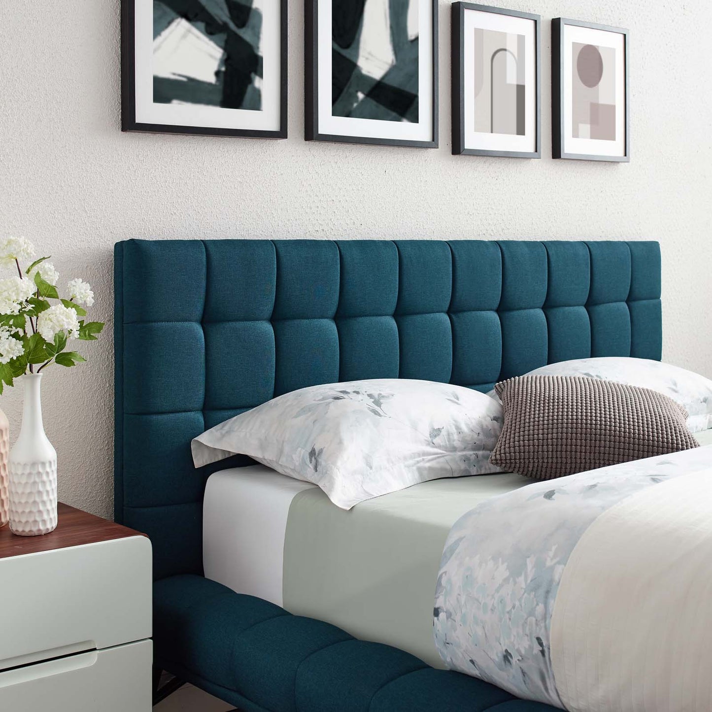 Julia Queen Biscuit Tufted Upholstered Fabric Platform Bed, Fabric, Blue, 17760