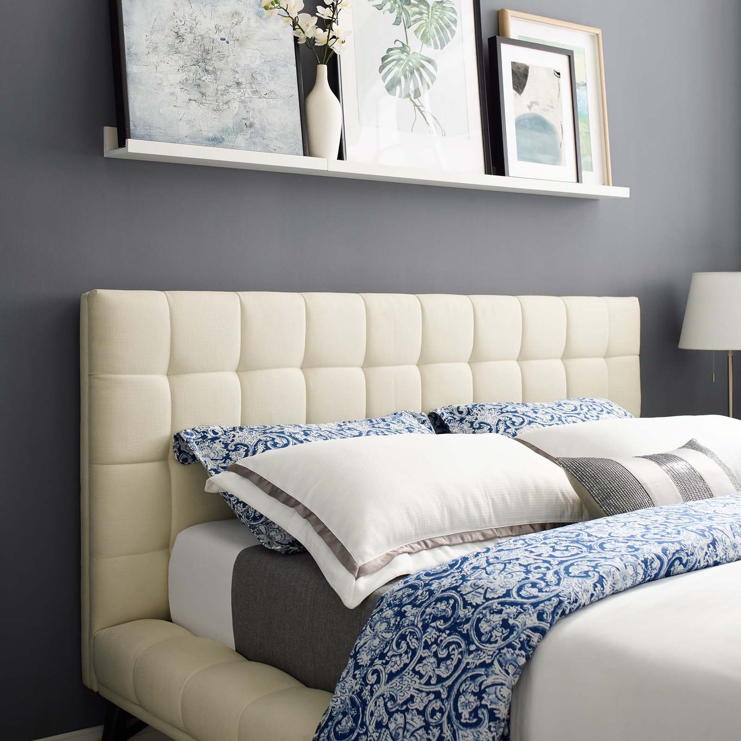 Julia Queen Biscuit Tufted Upholstered Fabric Platform Bed, Fabric, Ivory White, 17762