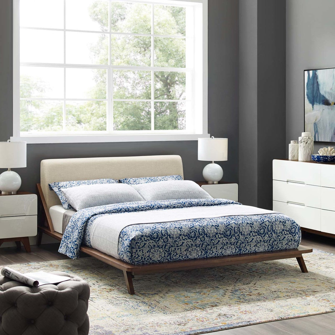Luella Queen Upholstered Fabric Platform Bed, Queen Size, Wood Fabric, Beige Brown Natural, 15525