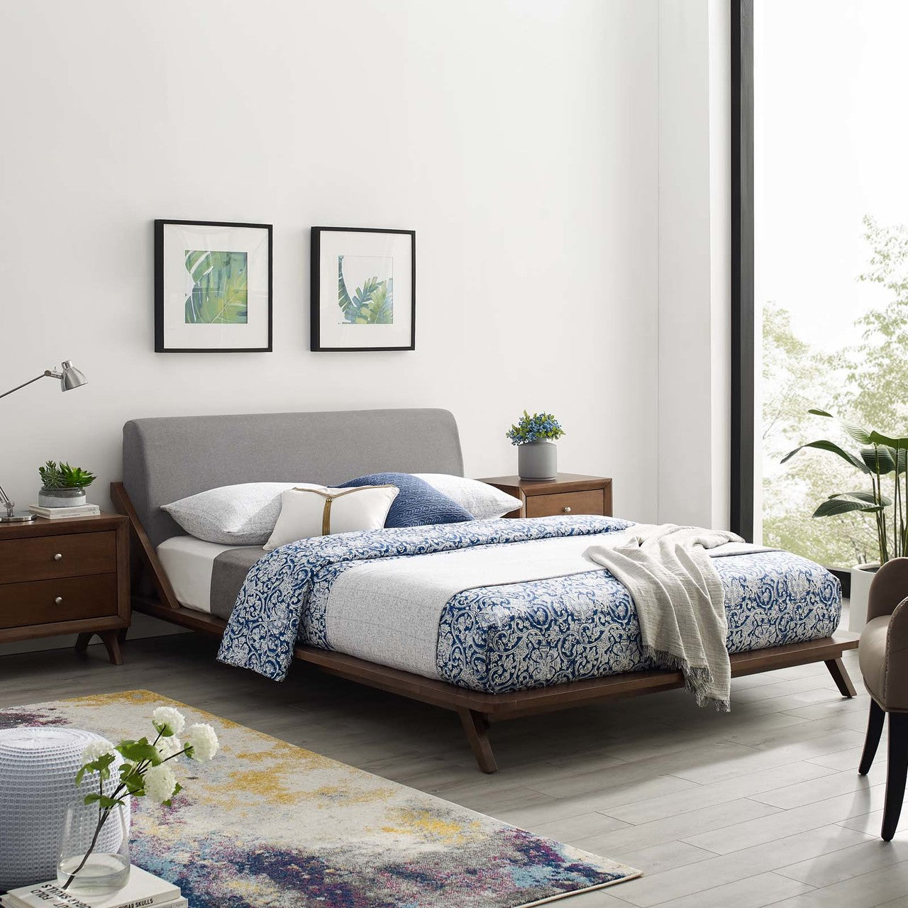 Luella Queen Upholstered Fabric Platform Bed, Queen Size, Wood Fabric, Grey Gray Brown Natural, 15529