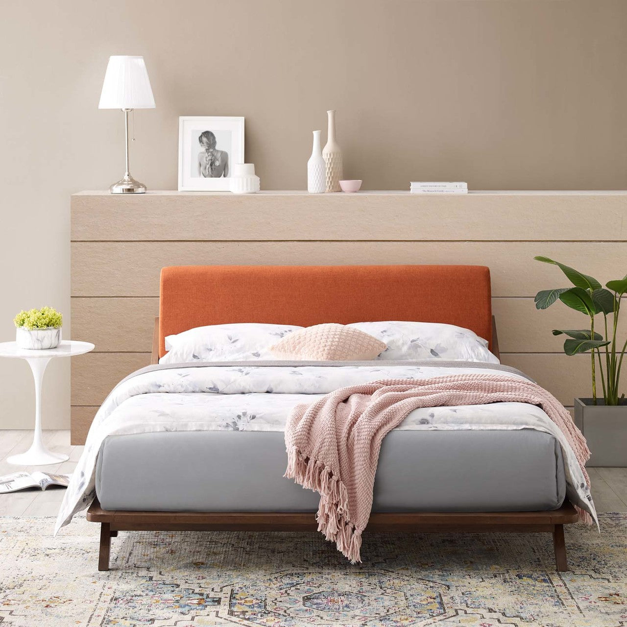 Luella Queen Upholstered Fabric Platform Bed, Queen Size, Wood Fabric, Orange Brown Natural, 15530