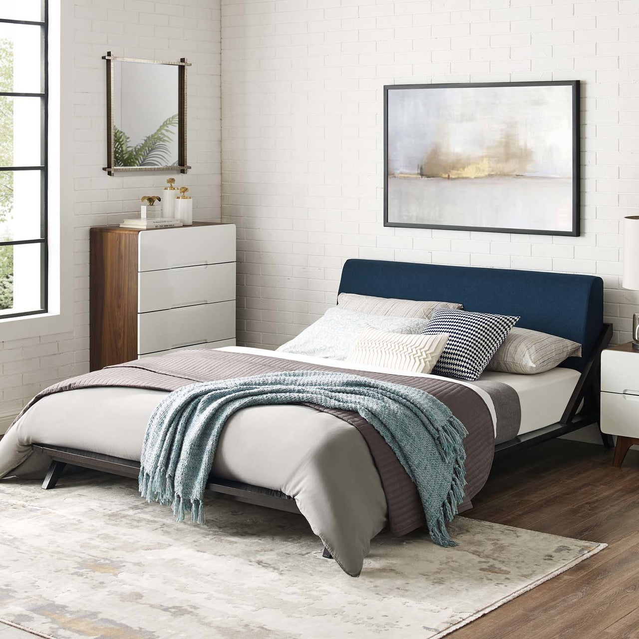 Luella Queen Upholstered Fabric Platform Bed, Queen Size, Wood Fabric, Natural Brown Blue, 15534