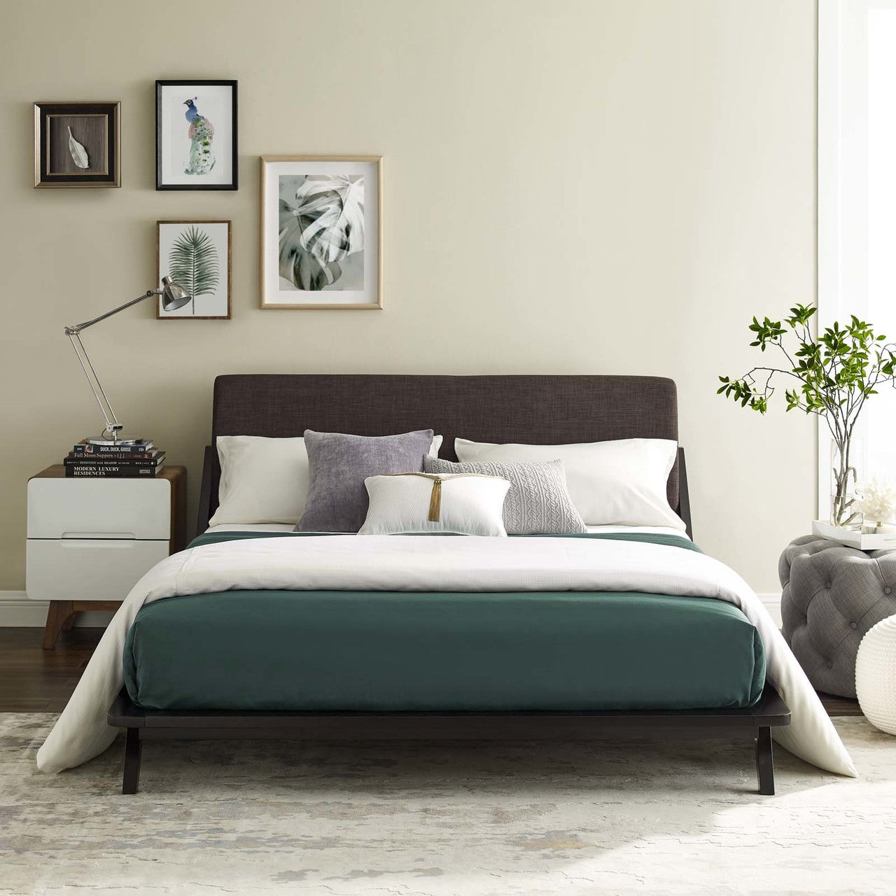 Luella Queen Upholstered Fabric Platform Bed, Queen Size, Wood Fabric, Natural Brown Brown, 15535