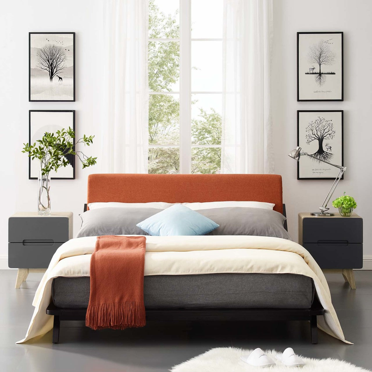 Luella Queen Upholstered Fabric Platform Bed, Queen Size, Wood Fabric, Natural Brown Orange, 15538