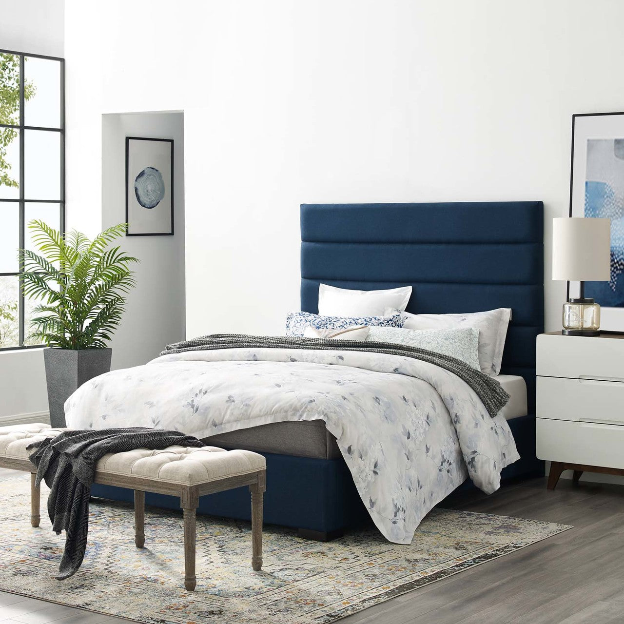Genevieve Queen Upholstered Fabric Platform Bed, Queen Size, Fabric, Blue, 15543