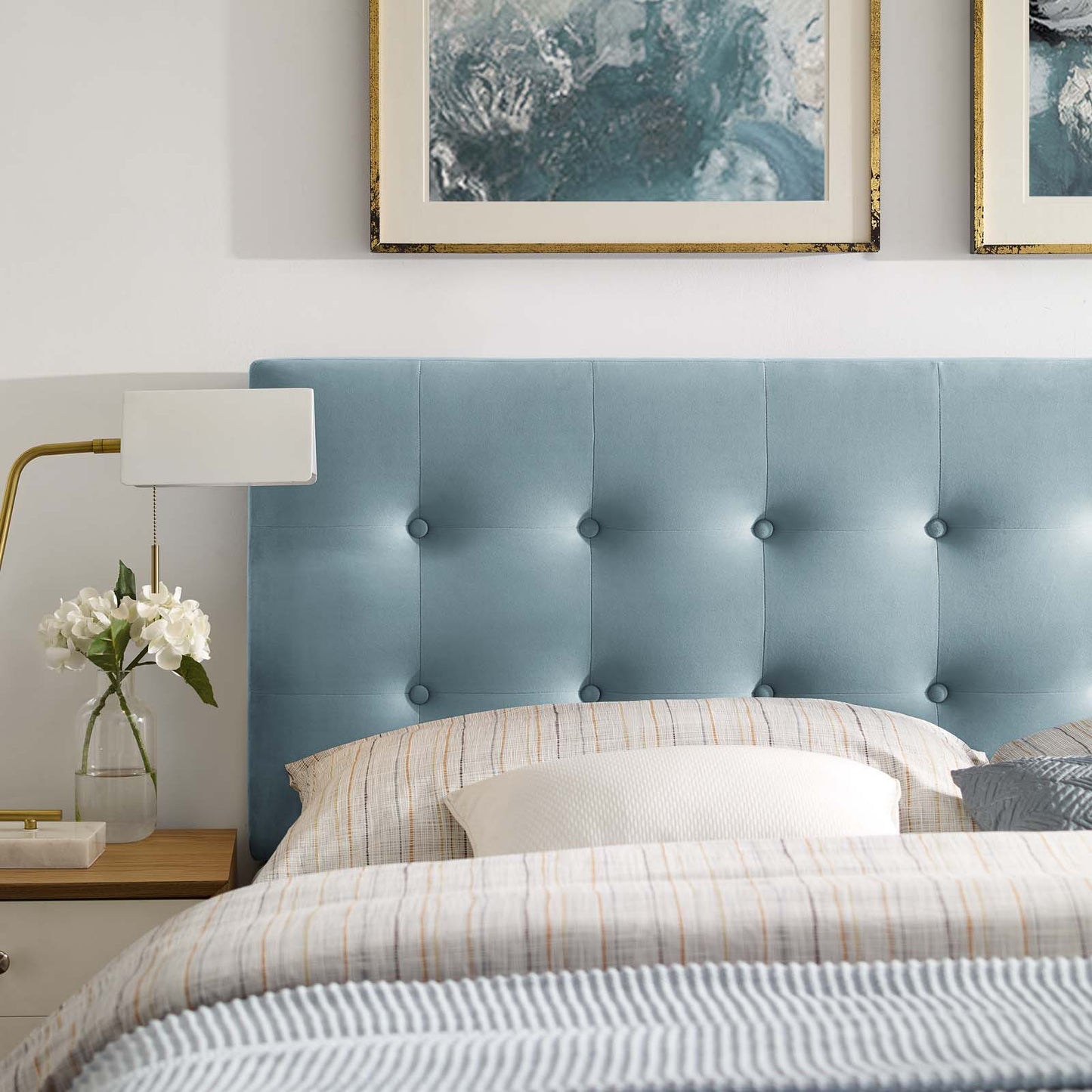 Emily King Biscuit Tufted Performance Velvet Headboard, Velvet Fabric, Light Blue, 17924