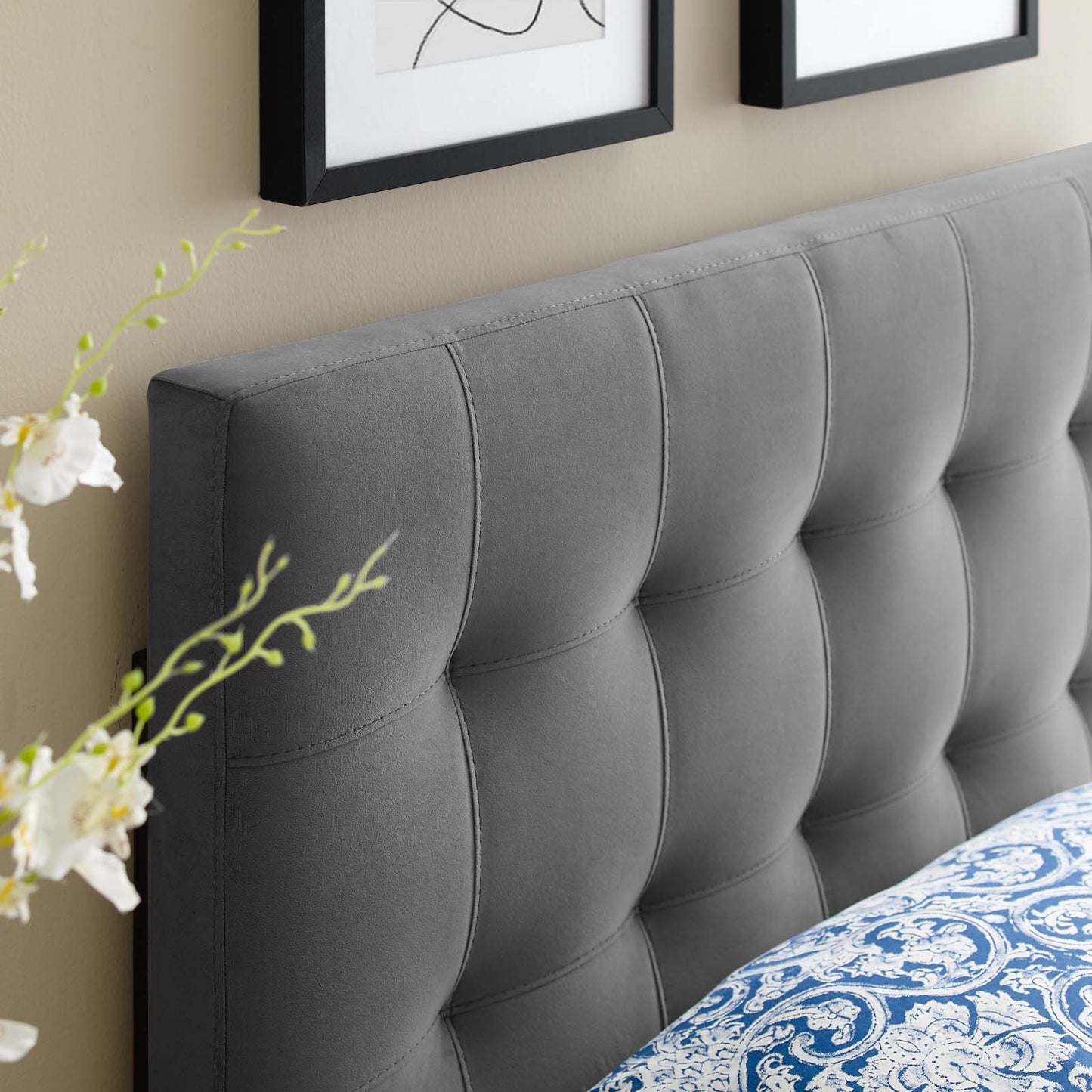 Lily Biscuit Tufted Twin Performance Velvet Headboard, Velvet Fabric, Grey Gray, 17928