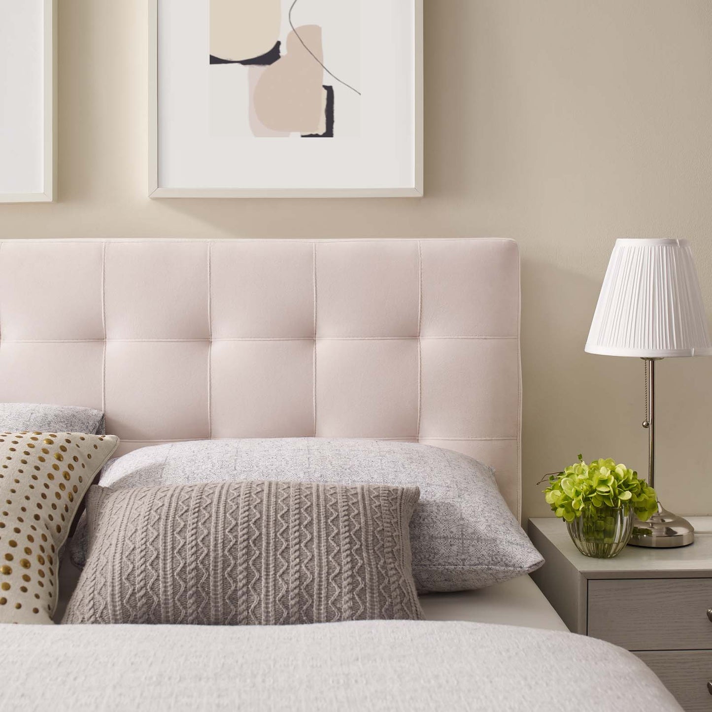 Lily Queen Biscuit Tufted Performance Velvet Headboard, Velvet Fabric, Pink, 17941