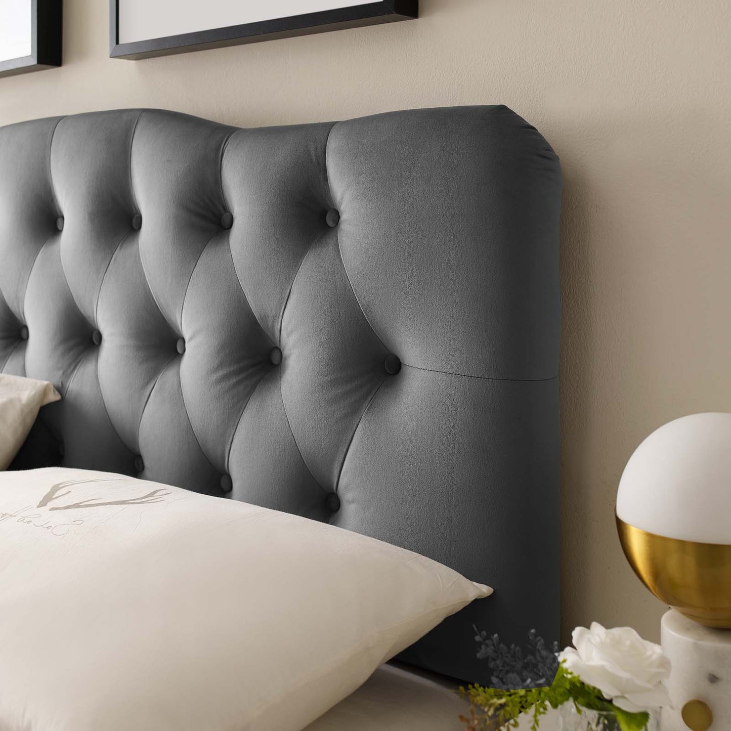 Annabel Full Diamond Tufted Performance Velvet Headboard, Velvet Fabric, Grey Gray, 17978