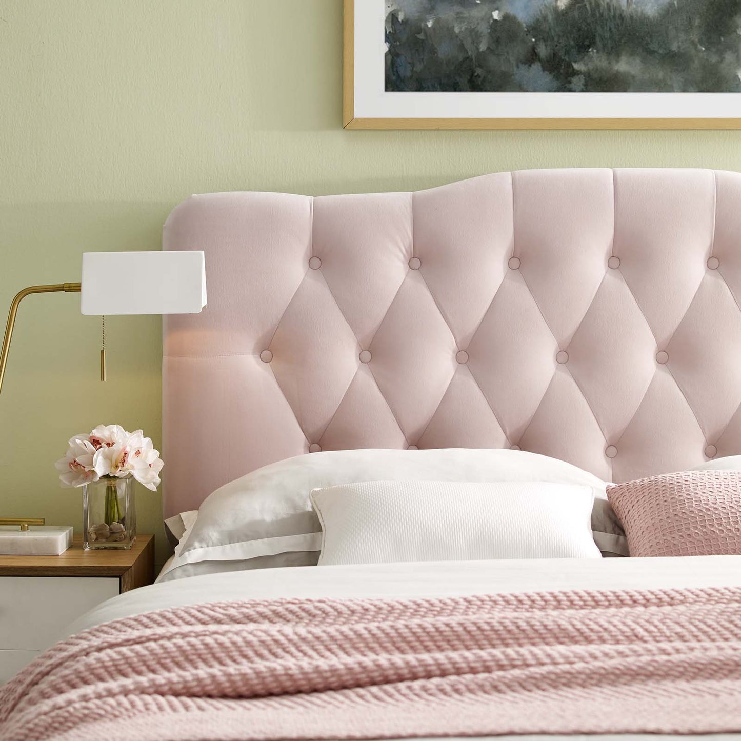 Annabel Full Diamond Tufted Performance Velvet Headboard, Velvet Fabric, Pink, 17981
