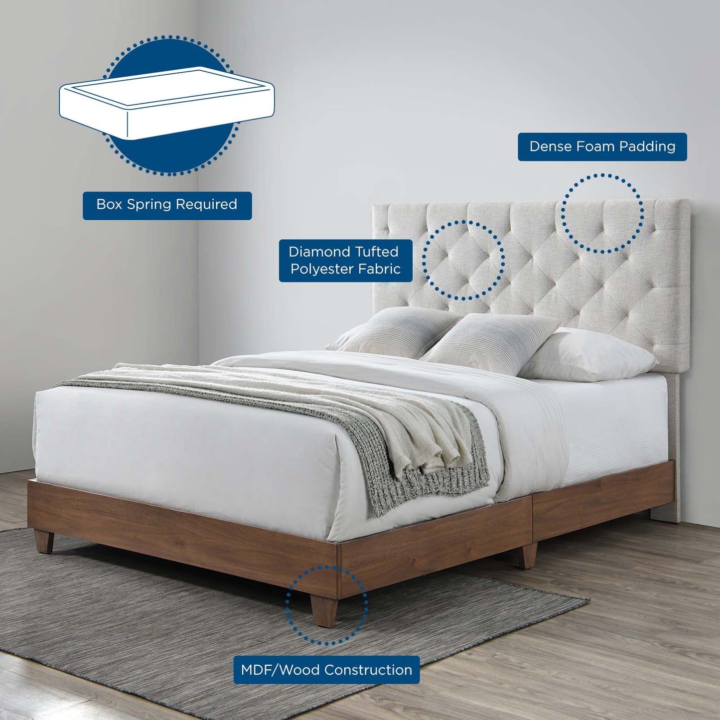 Rhiannon Diamond Tufted Upholstered Fabric Queen Bed, Fabric, Wood, Brown Walnut Beige, 21320