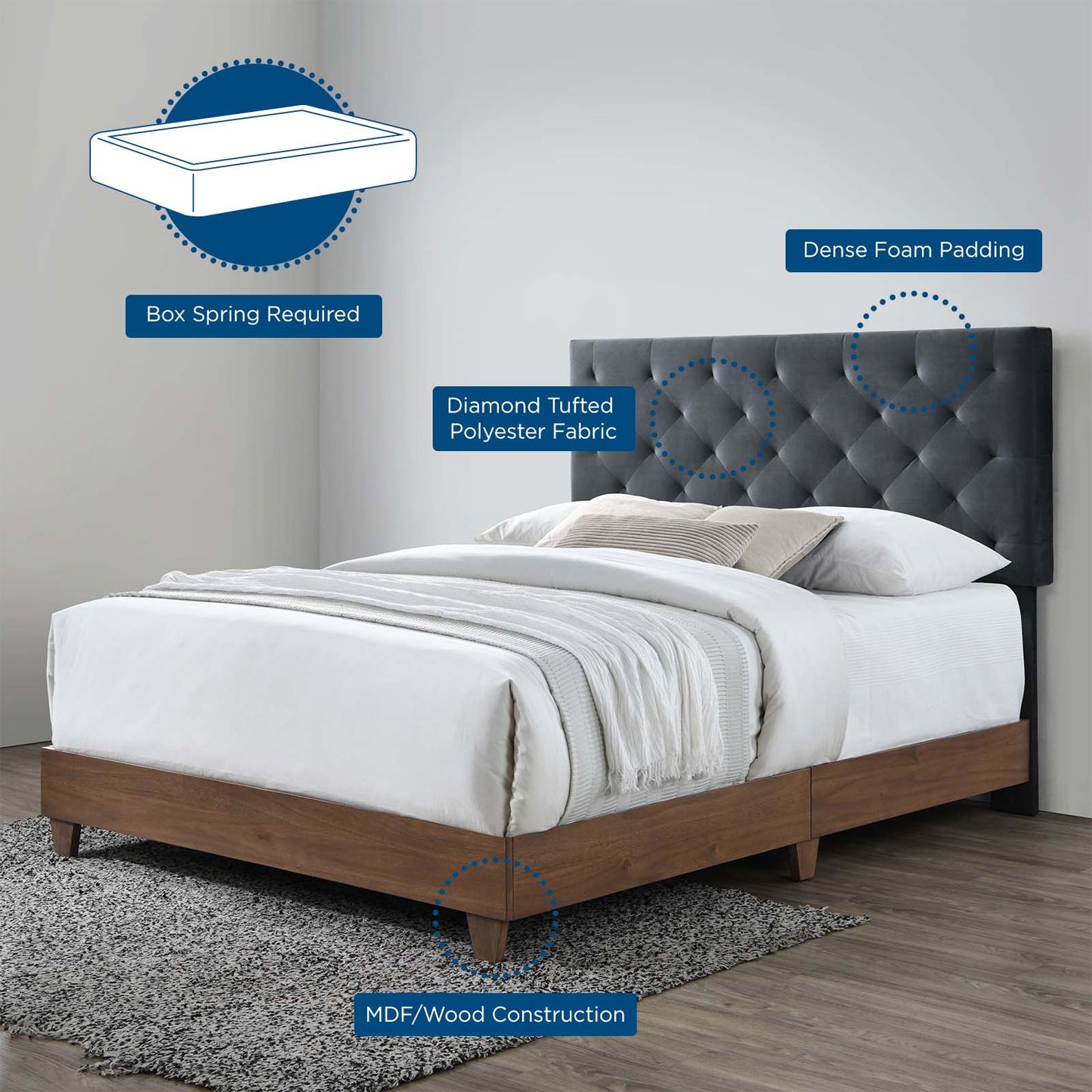 Rhiannon Diamond Tufted Upholstered Performance Velvet Queen Bed, Velvet, Wood, Brown Walnut Grey Gray, 21322