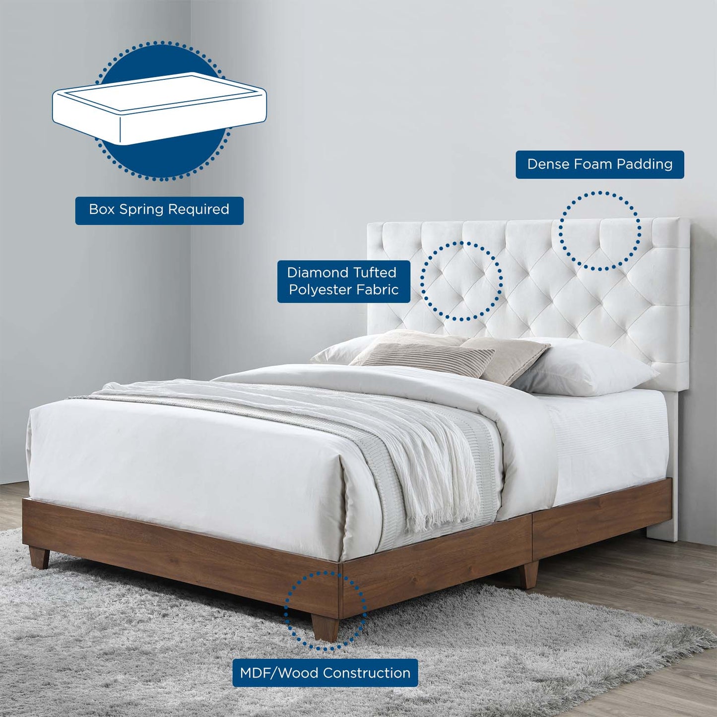 Rhiannon Diamond Tufted Upholstered Performance Velvet Queen Bed, Velvet, Wood, Brown Walnut White, 21324