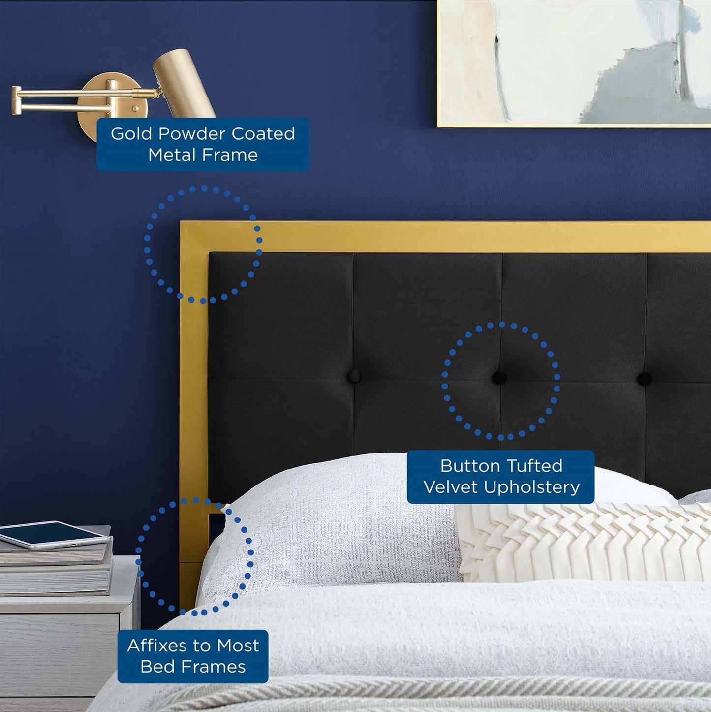 Teagan Tufted Twin Performance Velvet Headboard, Velvet, Metal Steel, Gold Black, 21424