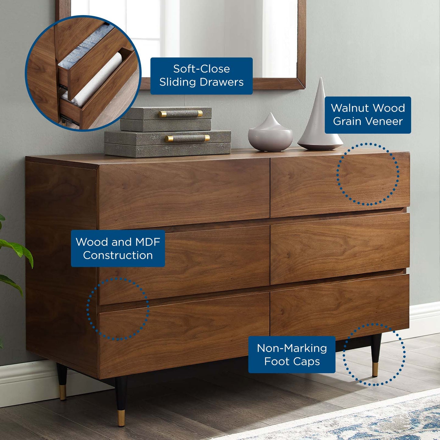 Caima 6-Drawer Dresser, Wood, Brown Walnut, 21480