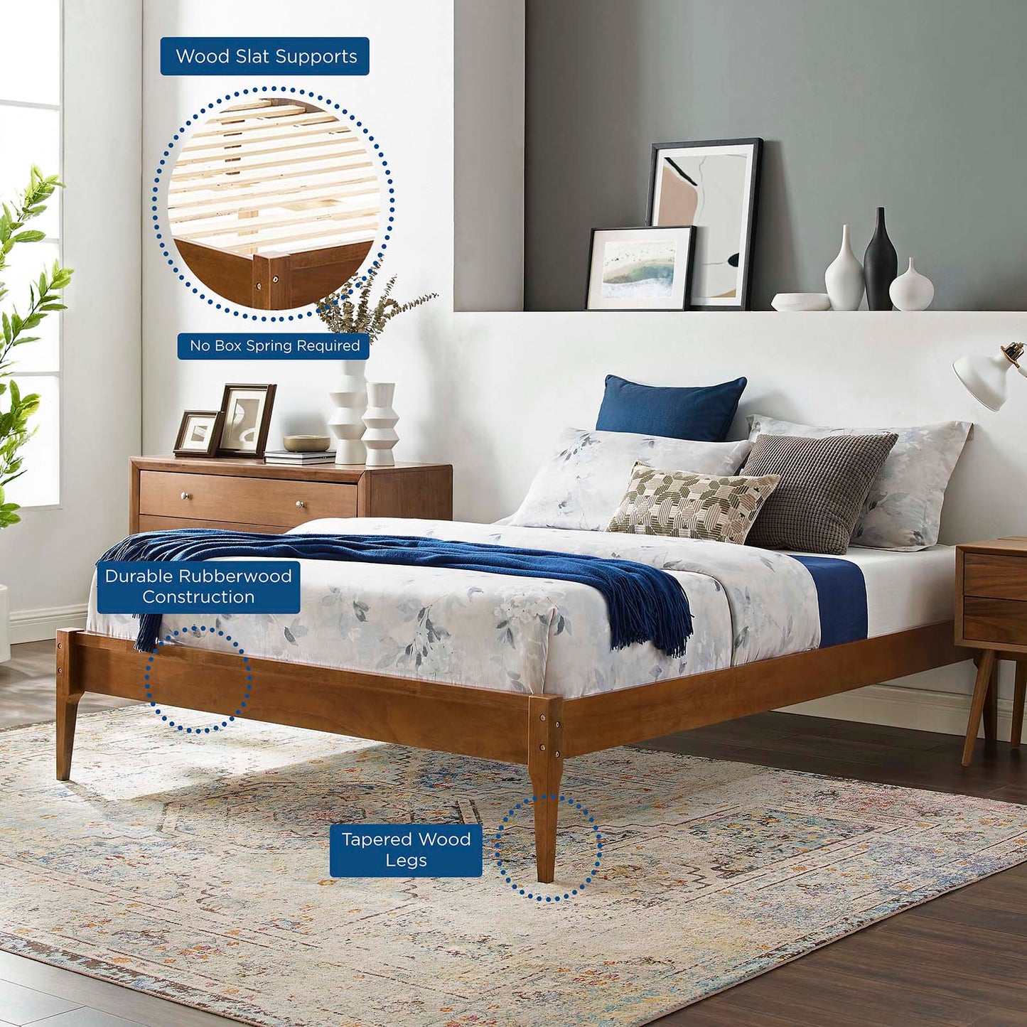 June Twin Wood Platform Bed Frame, Wood, Brown Walnut, 21669