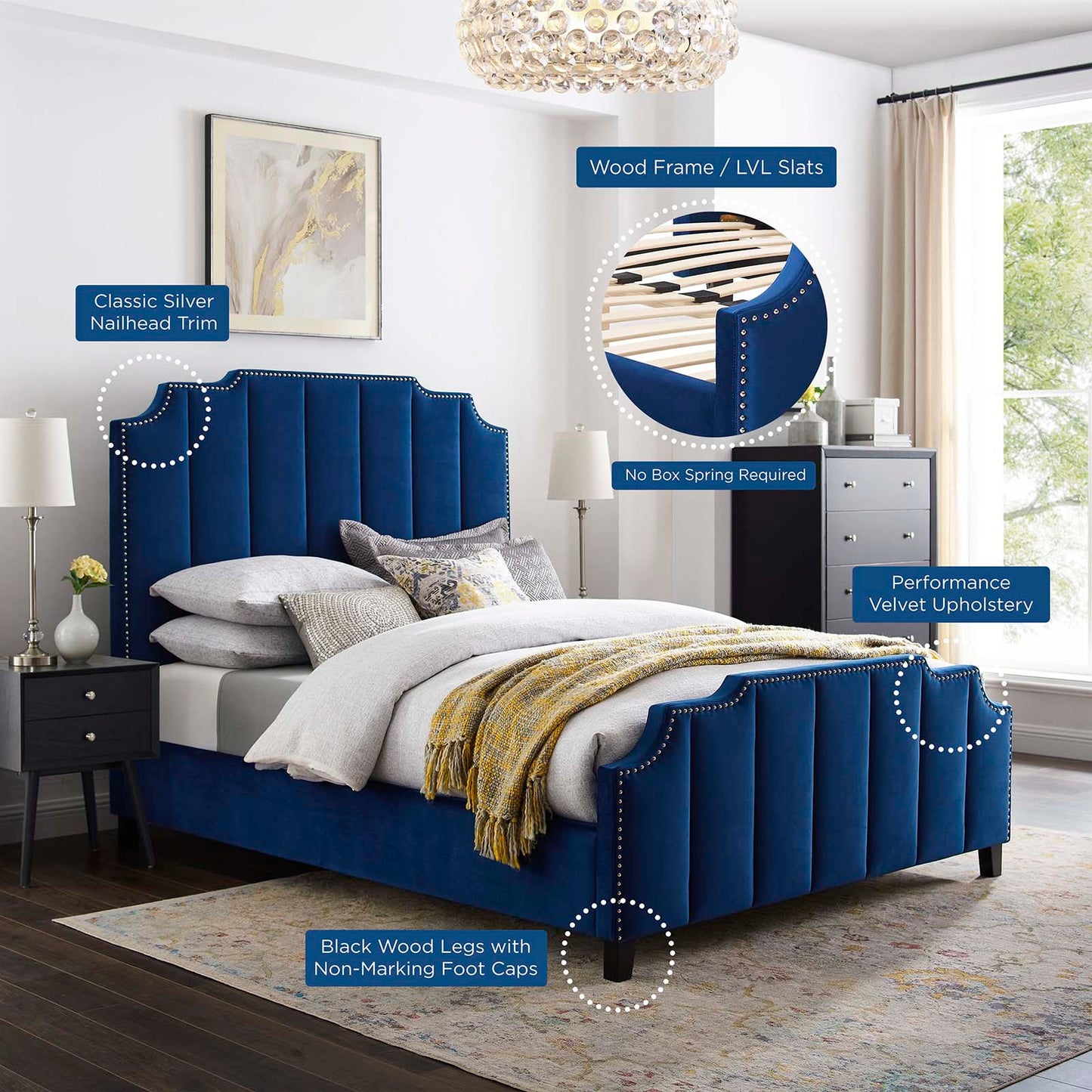 Lucille Queen Performance Velvet Platform Bed, Velvet, Blue Navy, 21797