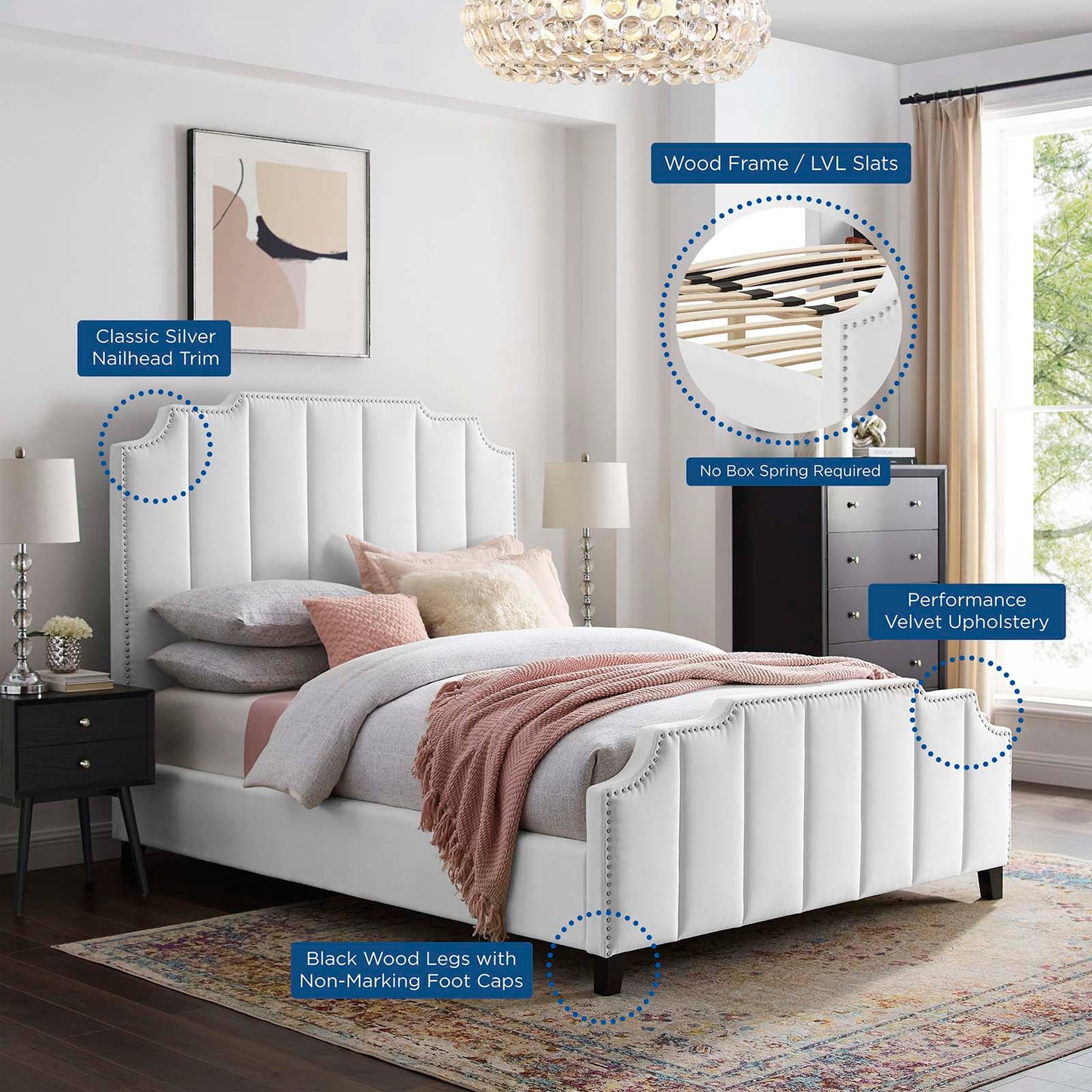 Lucille Queen Performance Velvet Platform Bed, Velvet, White, 21798