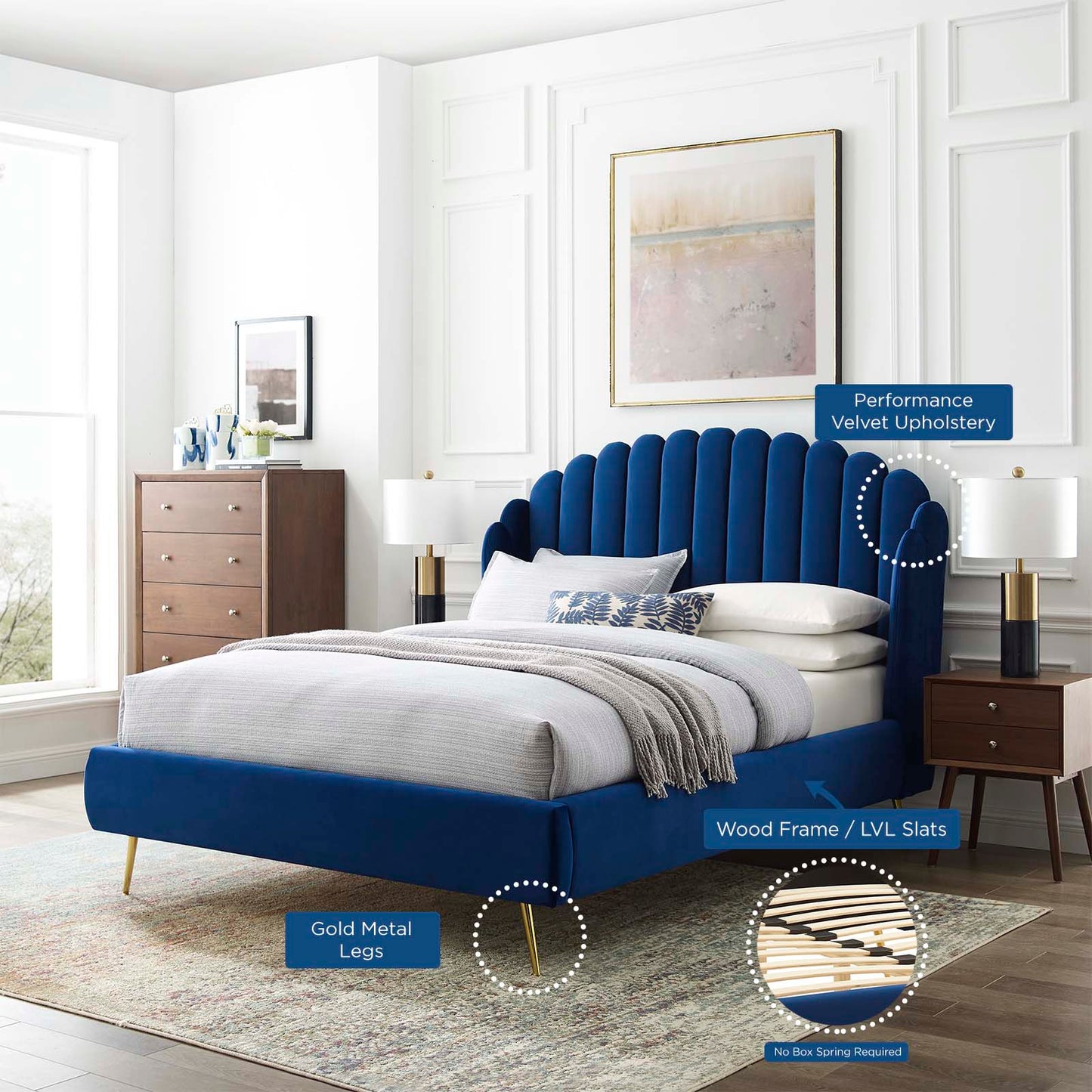 Lana Queen Performance Velvet Wingback Platform Bed, Velvet, Blue Navy, 21801