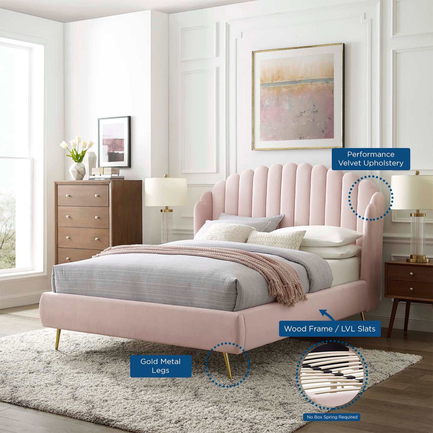 Lana Queen Performance Velvet Wingback Platform Bed, Velvet, Pink, 21802