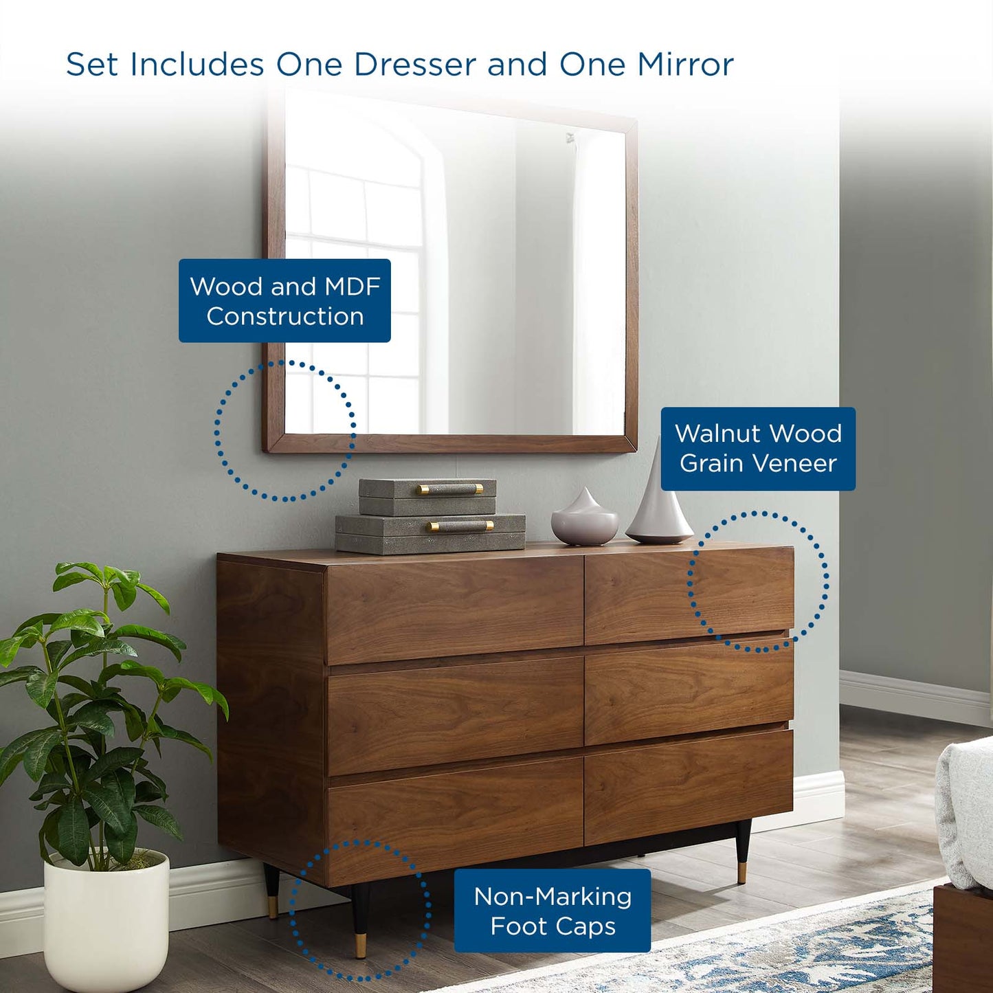 Caima 2 Piece Bedroom Set, Wood, Brown Walnut, 21804