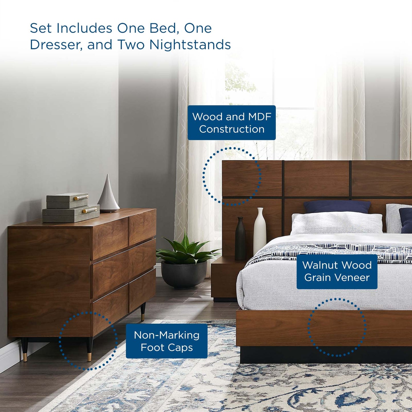 Caima 4-Piece Bedroom Set, Wood, Brown Walnut, 21809
