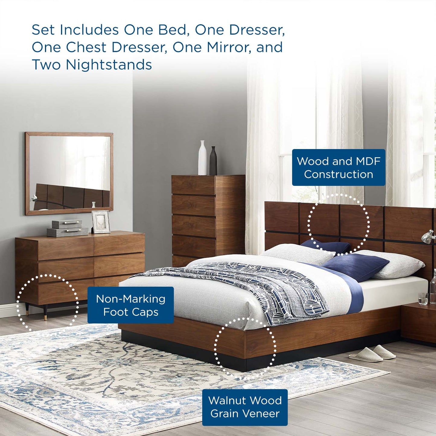 Caima 6-Piece Bedroom Set, Wood, Brown Walnut, 21812