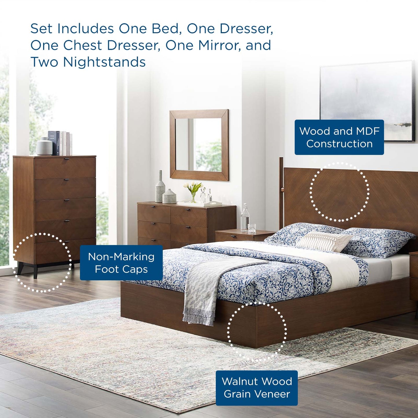Kali 6-Piece Bedroom Set, Wood, Brown Walnut, 21814
