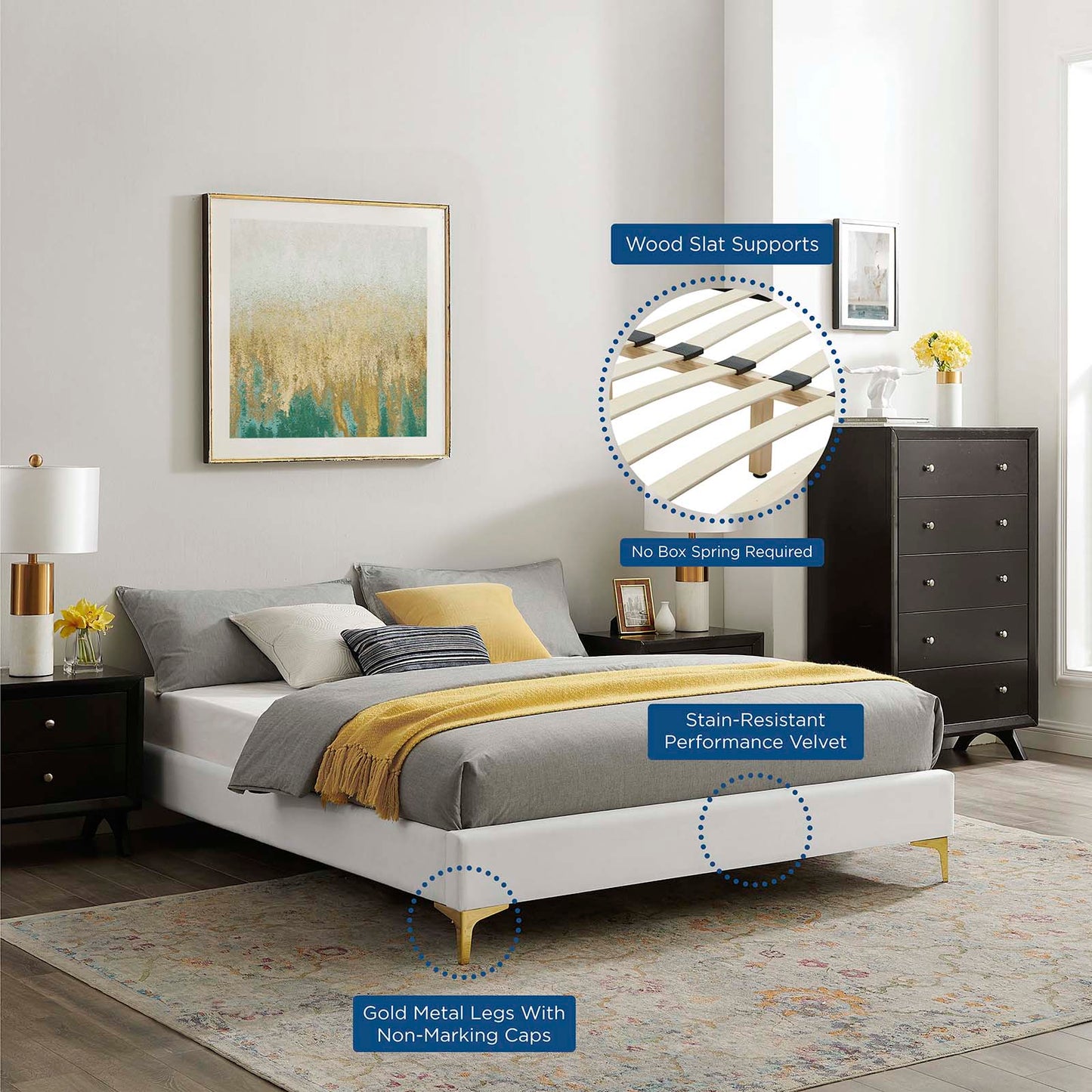 Sutton King Performance Velvet Bed Frame, Velvet, White, 21862