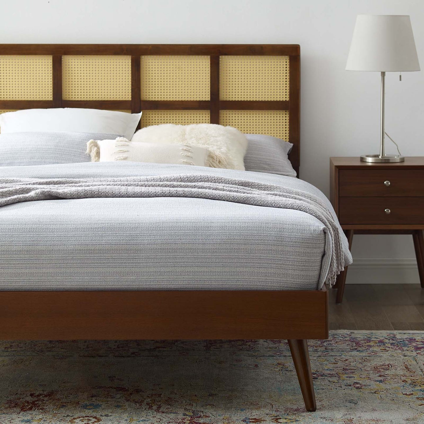 Sidney Cane and Wood Queen Platform Bed With Splayed Legs, Wood, Brown Walnut, 22205