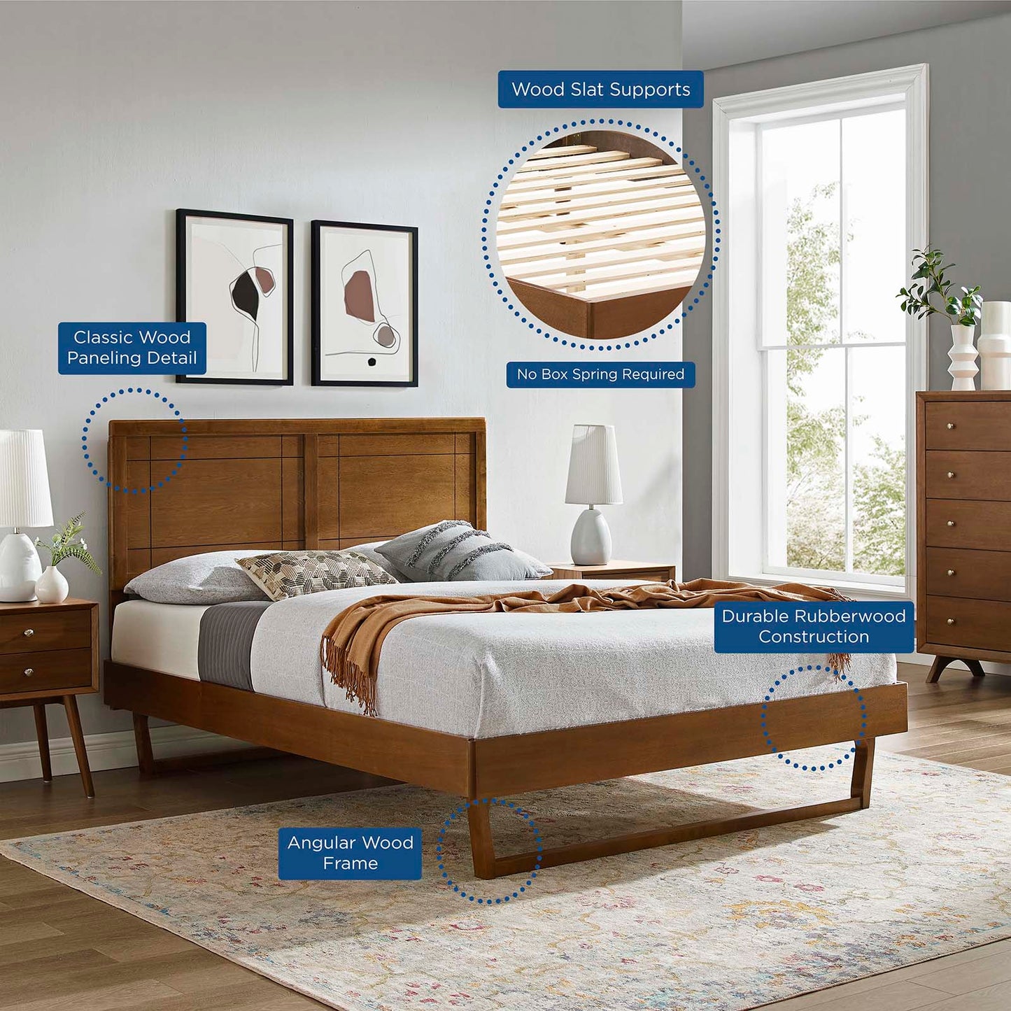 Marlee King Wood Platform Bed With Angular Frame, Wood, Brown Walnut, 22418