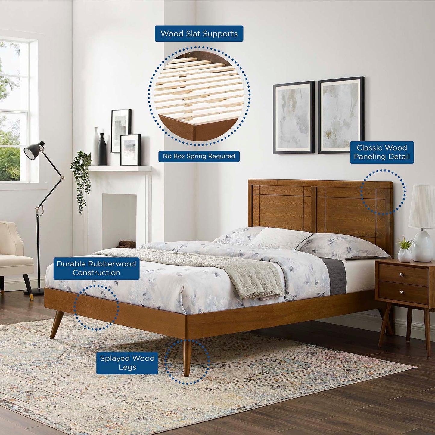 Marlee Full Wood Platform Bed With Splayed Legs, Wood, Brown Walnut, 22424