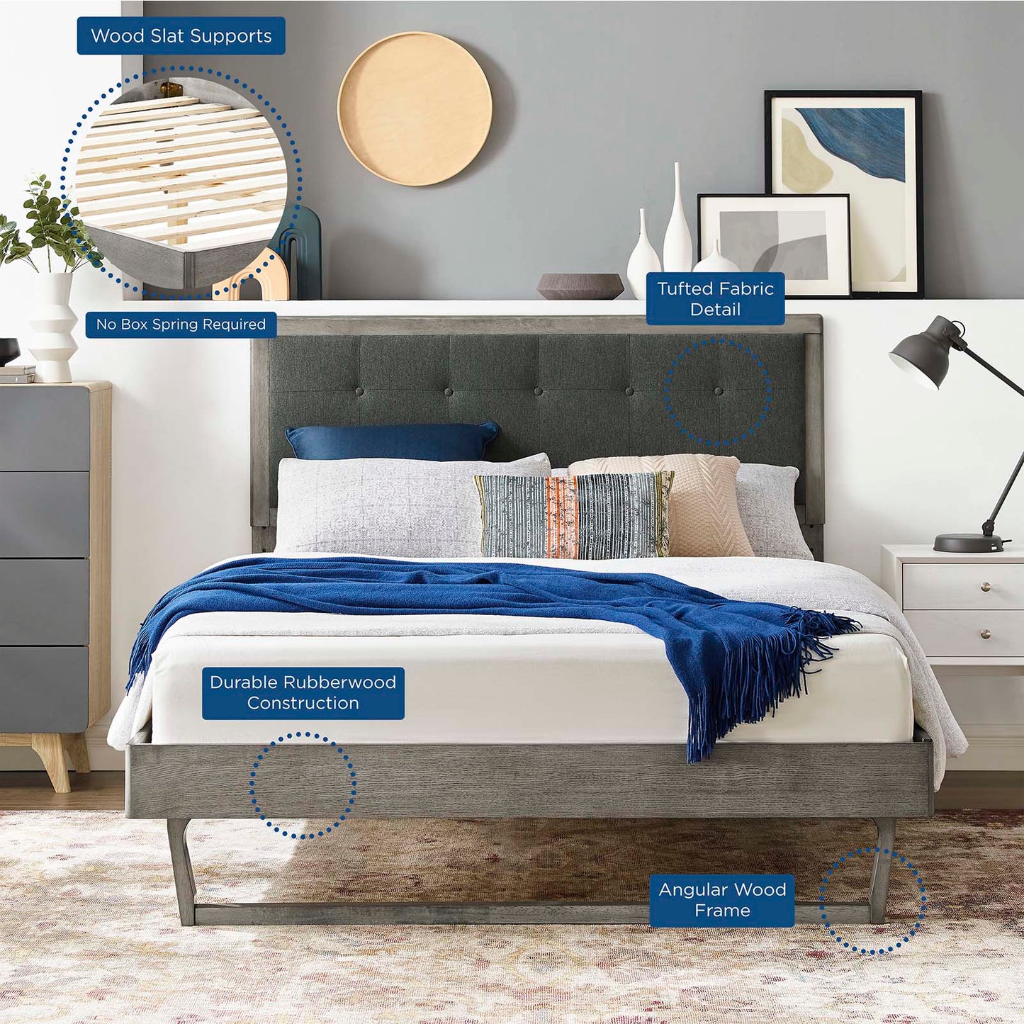 Willow Full Wood Platform Bed With Angular Frame, Wood, Grey Gray, 22434