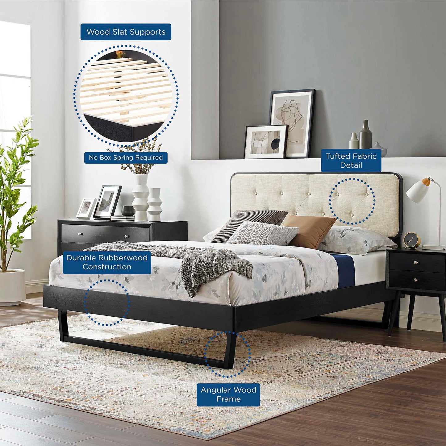 Bridgette Full Wood Platform Bed With Angular Frame, Wood, Black Beige, 22467