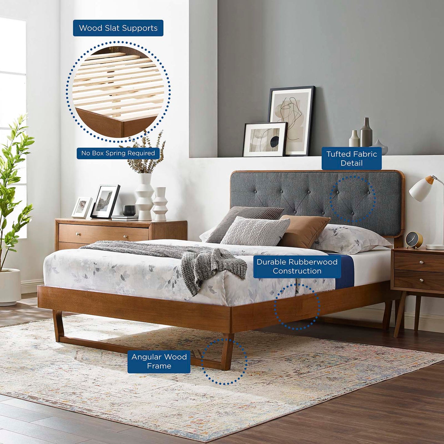 Bridgette King Wood Platform Bed With Angular Frame, Wood, Brown Walnut Grey Gray, 22478