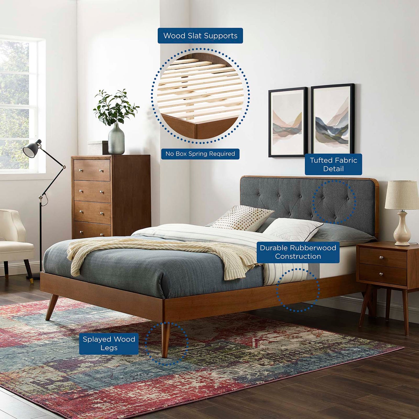 Bridgette Full Wood Platform Bed With Splayed Legs, Wood, Brown Walnut Grey Gray, 22490
