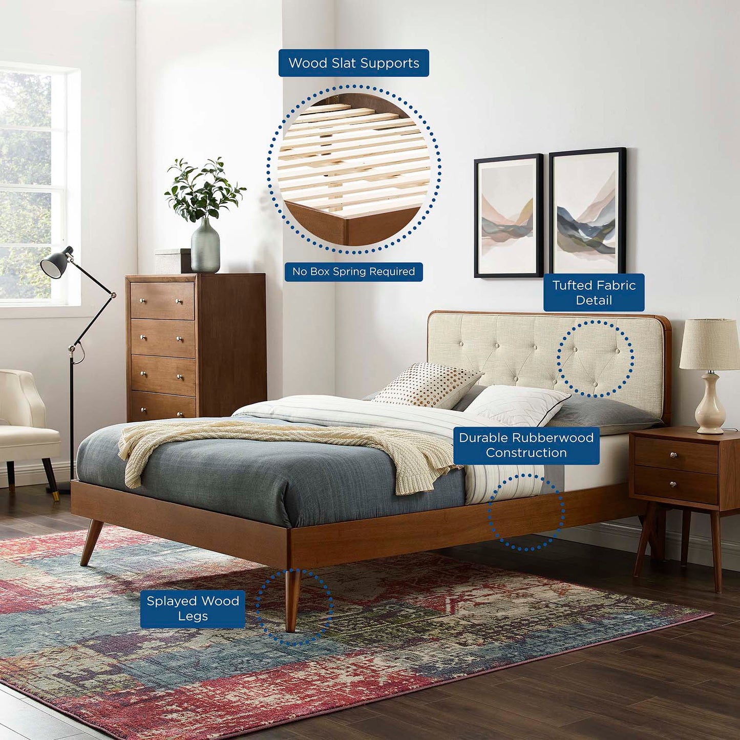 Bridgette Twin Wood Platform Bed With Splayed Legs, Wood, Brown Walnut Beige, 22501