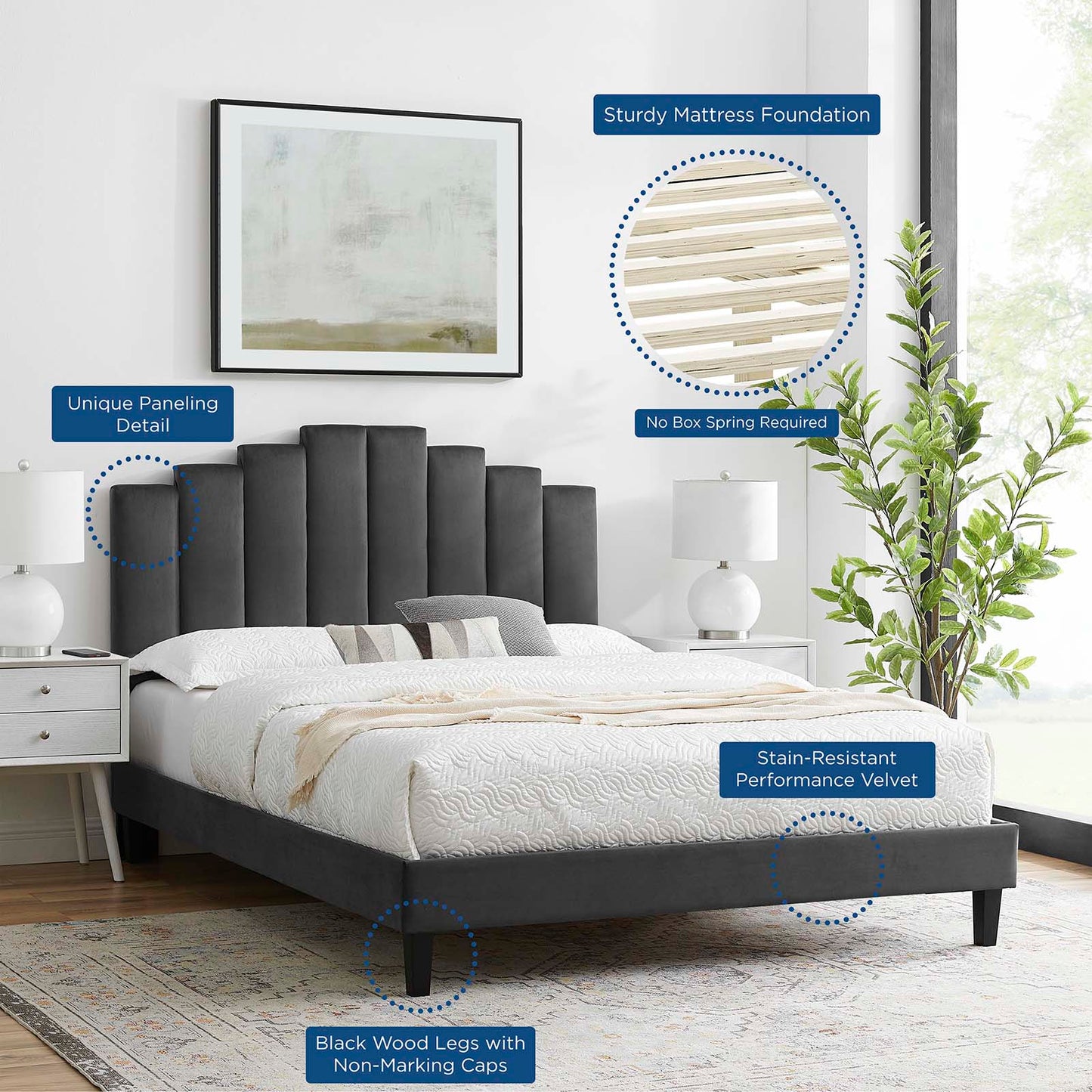 Elise Queen Performance Velvet Platform Bed, Velvet, Dark Grey Gray, 22511