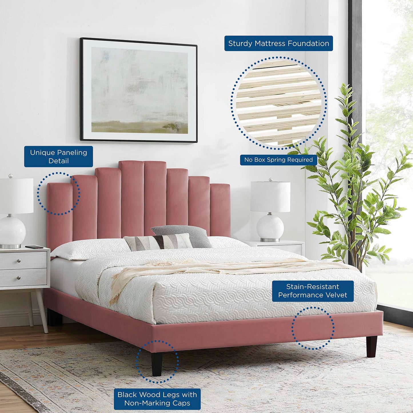 Elise Queen Performance Velvet Platform Bed, Velvet, Pink, 22512