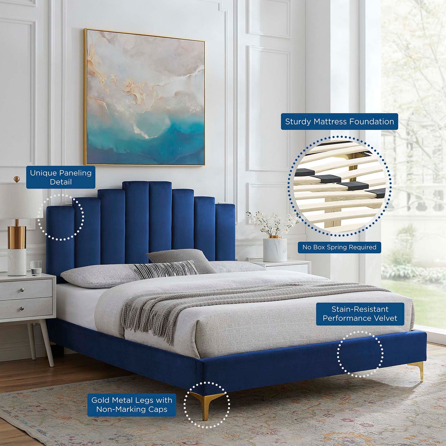 Elise Queen Performance Velvet Platform Bed, Velvet, Blue Navy, 22523