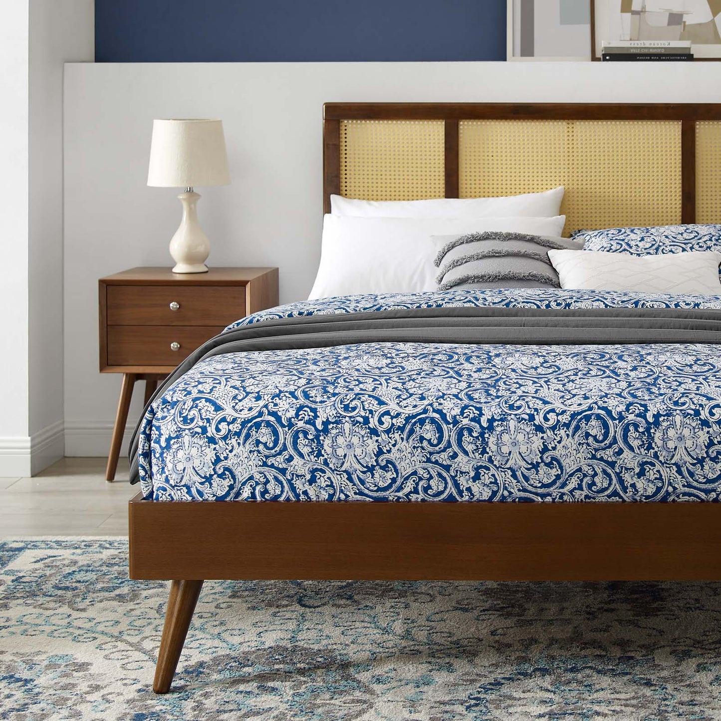 Kelsea Cane and Wood Full Platform Bed With Splayed Legs, Wood, Brown Walnut, 22535