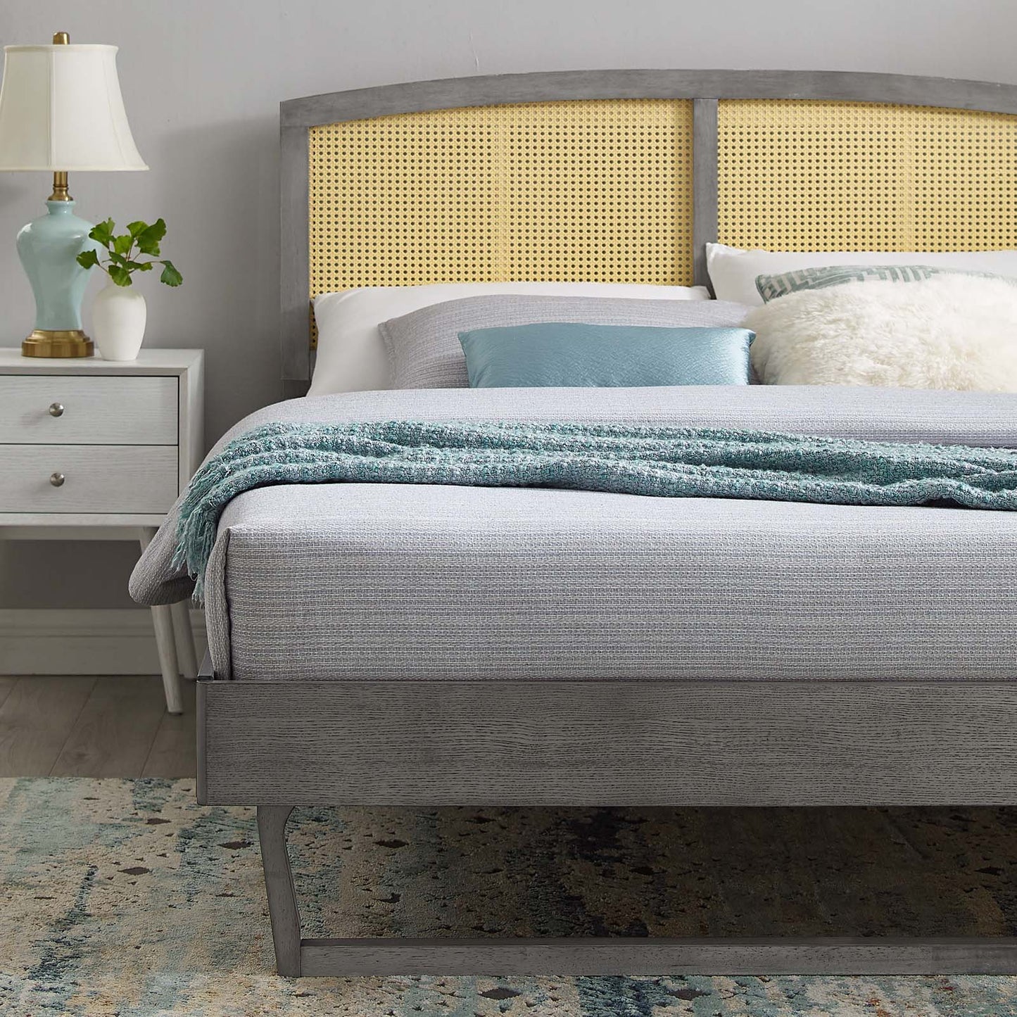 Sierra Cane and Wood Full Platform Bed With Angular Legs, Wood, Grey Gray, 22543