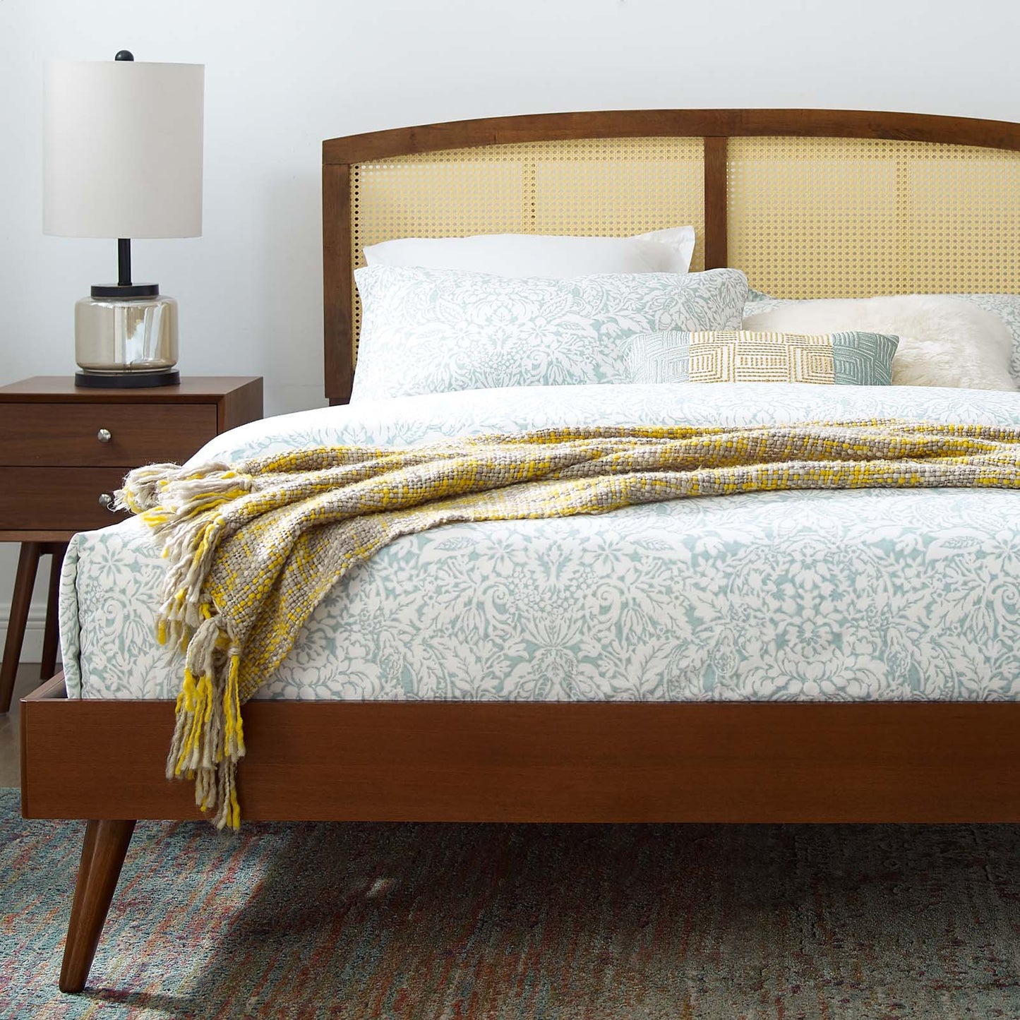 Sierra Cane and Wood Full Platform Bed With Splayed Legs, Wood, Brown Walnut, 22547