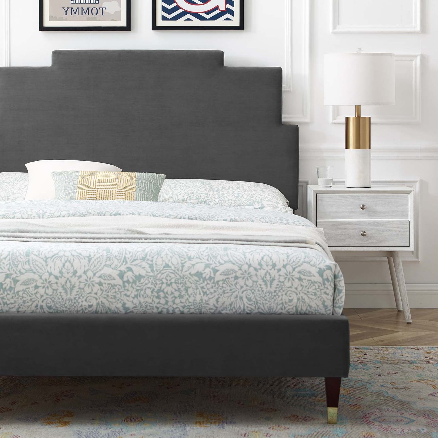 Lindsey Performance Velvet Queen Platform Bed, Velvet, Dark Grey Gray, 22562