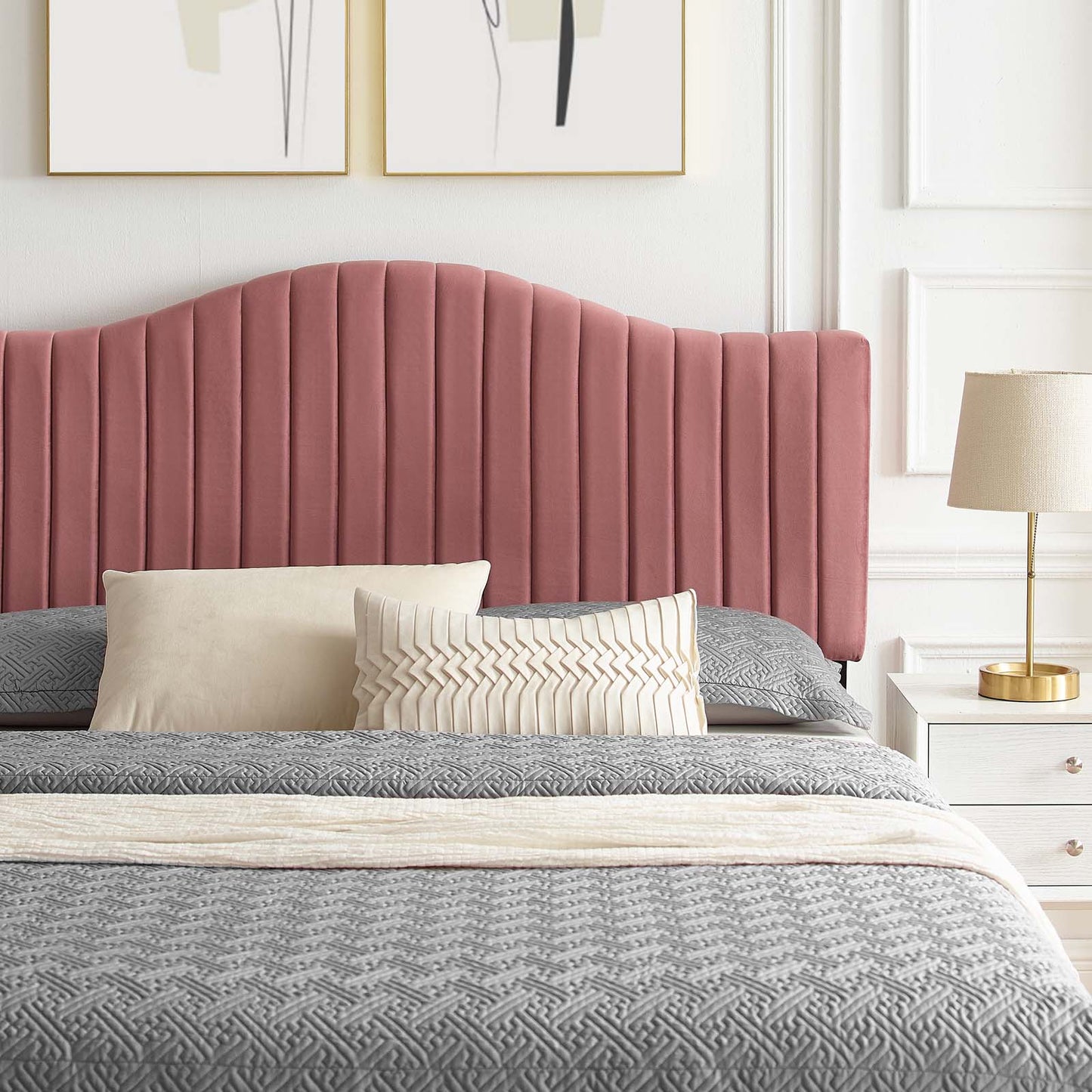 Juniper Channel Tufted Performance Velvet Queen Platform Bed, Velvet, Pink, 22615
